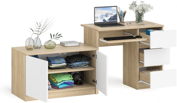 Мори Стол компьютерный МС-6 правый + Тумба МА900.1, цвет дуб сонома/белый, ШхГхВ 180,4х50,4х76,6 см., выдвижные ящики справа, НЕ универсальная сборка