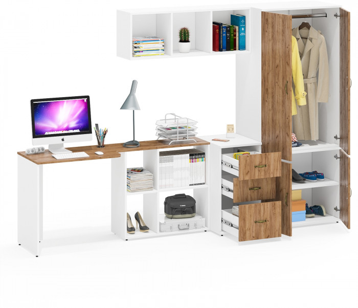 Лидер-8 Стол + Полка + Тумба МД 3.16 + Шкаф МД 19Б, белый шагрень/крафт золото