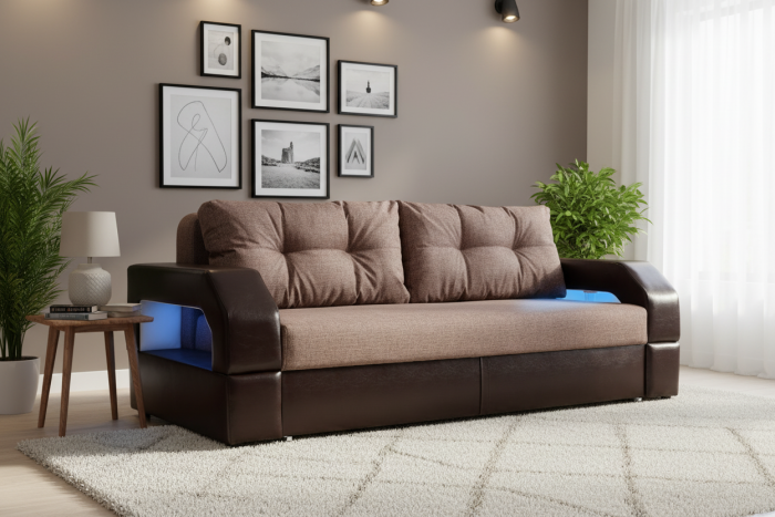 Диван-еврокнижка Манчестер 160х200, с подсветкой, велюр/экокожа коричневая