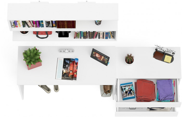 Мори Стол письменный МСП1200.1 + Комод МК800.1 + Полка 1200, цвет белый, ШхГхВ 200,8х50х209,6 см., универсальная сборка