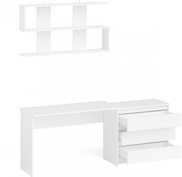 Мори Стол письменный МСП1200.1 + Комод МК800.1 + Полка 1200, цвет белый, ШхГхВ 200,8х50х209,6 см., универсальная сборка