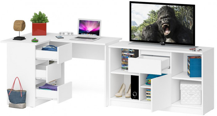 Мори Стол компьютерный МС-16 левый + Тумба МТВ1204.1, цвет белый, ШхГхВ 244,8х84,9х76,6 см., выдвижные ящики слева, НЕ универсальная сборка