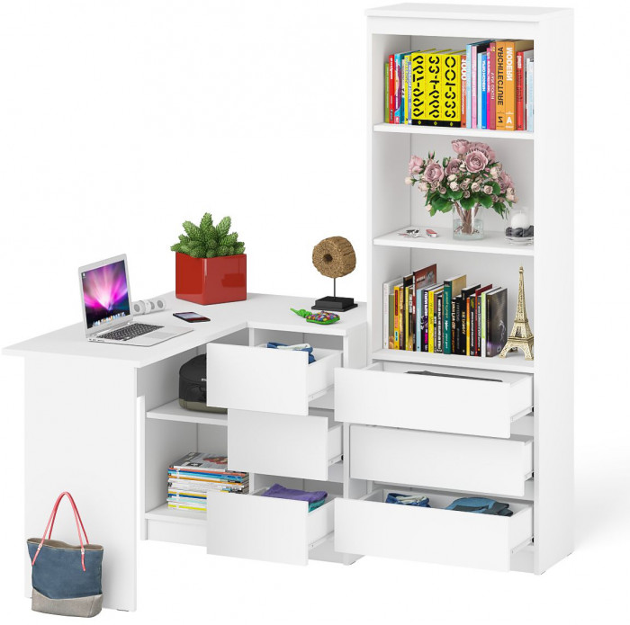 Мори Стол компьютерный МС-16 правый + Стеллаж МСТ600.3, цвет белый, ШхГхВ 184,8х84,9х179,6 см., выдвижные ящики справа, НЕ универсальная сборка