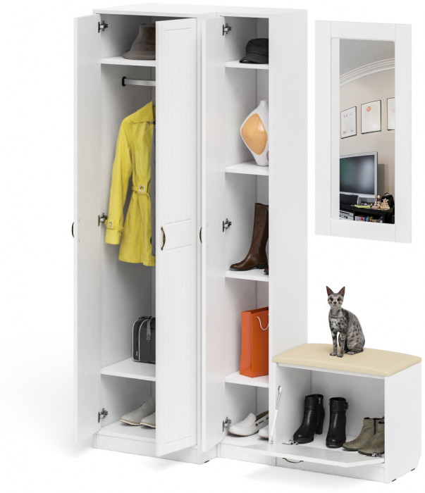 Прихожая П-6 Компоновка № 26, белая шагрень/фасады МДФ белое дерево фрезеровка прованс