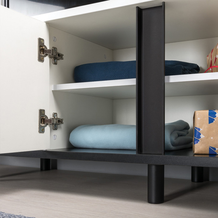 Муссон Кровать 11.41 + ортопед + 16.03 + 13.97 + Зеркало СВК + Тумба ТВ 13.276, цвет белый/чёрный/дуб эндгрейн элегантный, сп. м. 1600х2000 мм., б/м