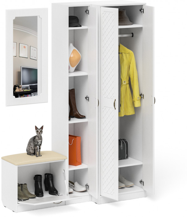 Прихожая П-6 Компоновка № 26, белая шагрень/фасады МДФ белое дерево фрезеровка ромб