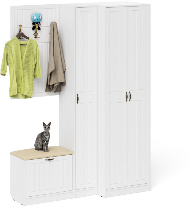 Прихожая П-6 Компоновка № 27, цвет белая шагрень/фасады МДФ белое дерево фрезеровка прованс, ШхГхВ 150х50х210 см., универсальная сборка