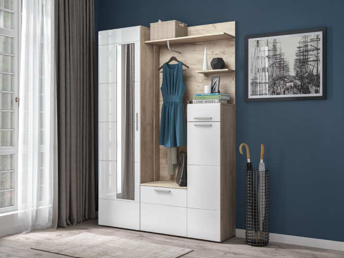 Лайн 08.122 Шкаф для одежды, цвет дуб крафт серый/фасады МДФ белый глянец, ШхГхВ 55х35х210 см., универсальная сборка