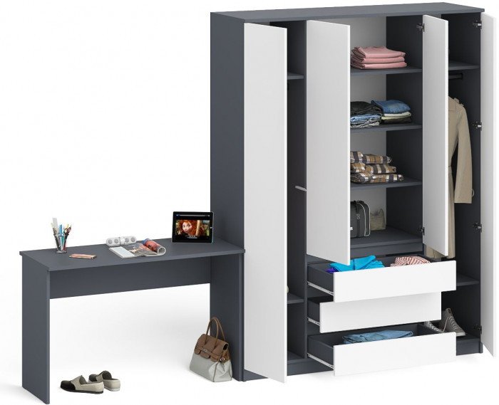Мори Стол письменный МСП1200.1 + Шкаф МШ1600.1, цвет графит/белый, ШхГхВ 280,8х50,4х209,6 см., универсальная сборка