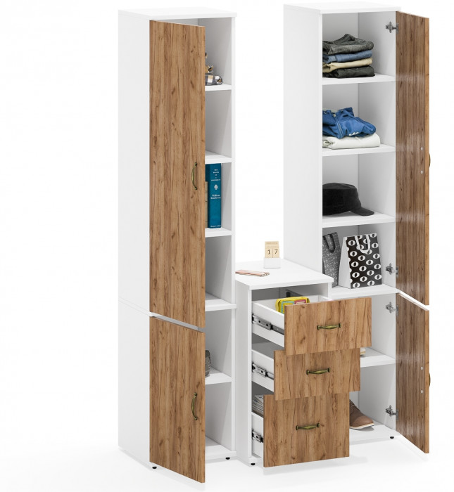 Лидер-8 Пенал МД 22Б + Пенал МД 22Б + Тумба МД 3.16, белый шагрень/крафт золото