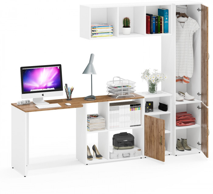 Лидер-8 Стол + Полка + Тумба МД 3.19 + Пенал МД 21Б, белый шагрень/крафт золото