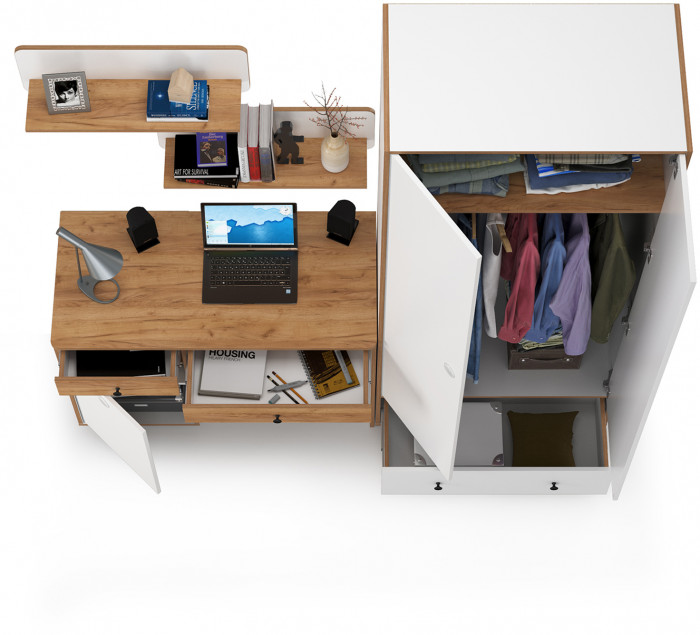 Вуди Компоновка № 19, цвет белый премиум/дуб крафт золотой, ШхГхВ 196х52,7х205 см., универсальная сборка