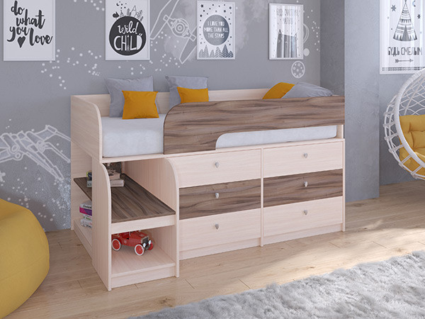 Кровать чердак Астра 9 V3 Дуб молочный/Орех