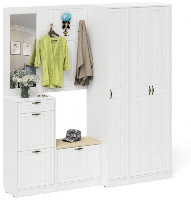 Прихожая П-6 Компоновка № 51, цвет белая шагрень/фасады МДФ белое дерево фрезеровка прованс, ШхГхВ 200х50х210 см., универсальная сборка