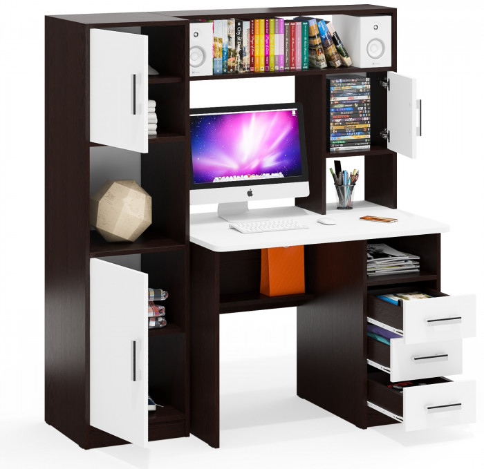 Стол компьютерный С-МД-СК9+Пенал С-МД-СК9П, цвет венге/белый шагрень, ШхГхВ 145х70х160 см., НЕ универсальная сборка