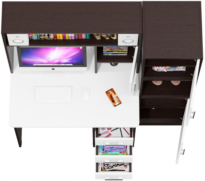 Стол компьютерный С-МД-СК9+Пенал С-МД-СК9П, цвет венге/белый шагрень, ШхГхВ 145х70х160 см., НЕ универсальная сборка