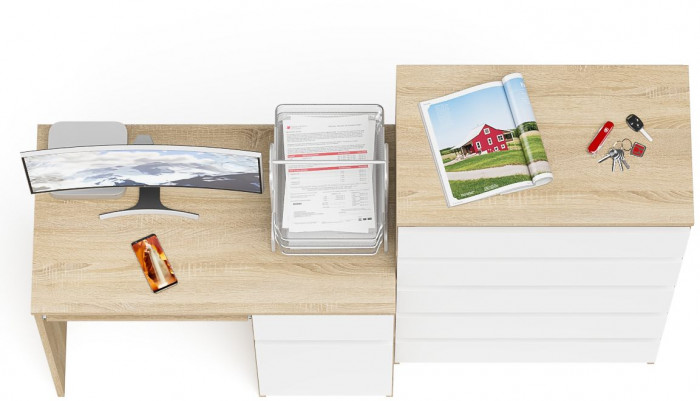 Мори Стол компьютерный МС-1 правый + Комод МК700.5, цвет дуб сонома/белый, ШхГхВ 160,4х50х114 см., выдвижной ящик справа, НЕ универсальная сборка