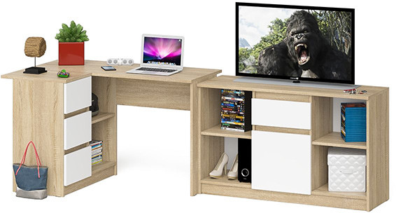 Мори Стол компьютерный МС-16 левый + Тумба МТВ1204.1, цвет дуб сонома/белый, ШхГхВ 244,8х84,9х76,6 см., выдвижные ящики слев, НЕ универсальная сборкаа