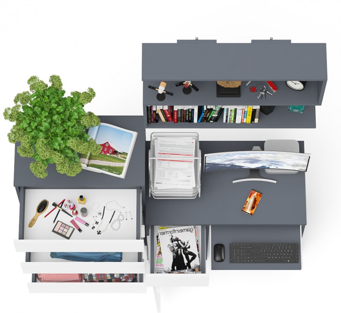 Мори Стол компьютерный МС-1 левый + Комод МК700.5 + Полка 900, цвет графит/белый, ШхГхВ 160,4х50х209,6 см., НЕ универсальная сборка