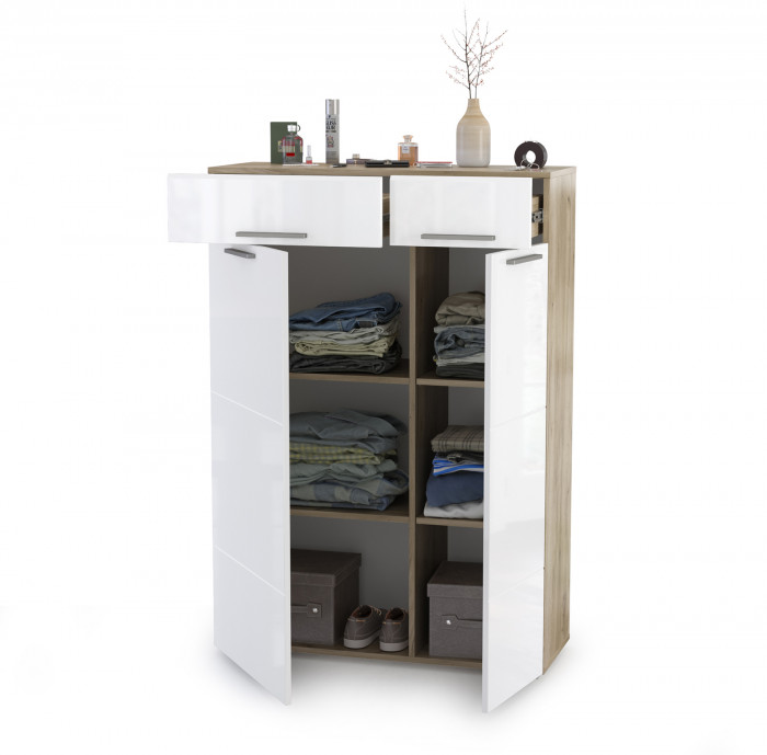 Лайн 13.121 Комод, цвет дуб крафт серый/фасады МДФ белый глянец, ШхГхВ 90х35х129,2 см., универсальная сборка