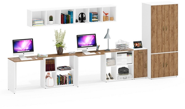 Лидер-8 Стол + Полка + Стол + Полка + Шкаф МД 19Б + Тумба МД 3.15, белый шагрень/крафт золото