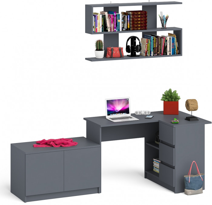 Мори Стол компьютерный МС-16 правый + Тумба МА900.1 + Полка 1200, цвет графит, ШхГхВ 214,8х84,9х209,6 см., НЕ универсальная сборка