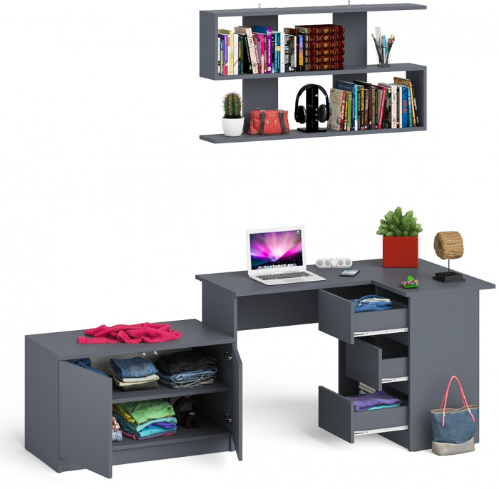 Мори Стол компьютерный МС-16 правый + Тумба МА900.1 + Полка 1200, цвет графит, ШхГхВ 214,8х84,9х209,6 см., НЕ универсальная сборка