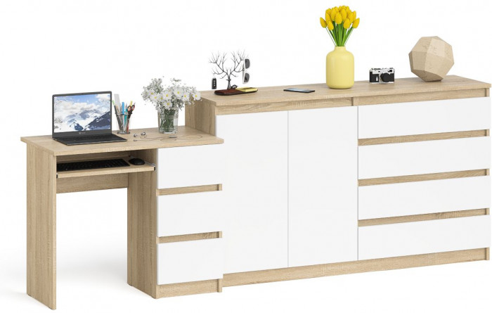 Мори Стол компьютерный МС-6 правый + Комод МК1600.1, цвет дуб сонома/белый, ШхГхВ 250,4х50х94 см., выдвижные ящики справа, НЕ универсальная сборка