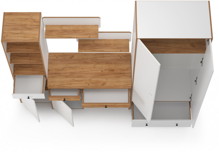 Вуди Компоновка № 23, цвет белый премиум/дуб крафт золотой, ШхГхВ 241х52,7х205 см., универсальная сборка