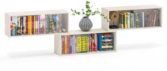 Три полки книжных С-МД-КН01, цвет дуб, ШхГхВ размер каждой полки в отдельности: 83х25х30 см., стеклянные дверцы