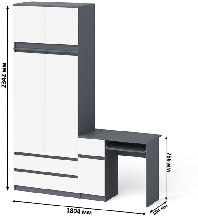 Мори Стол компьютерный МС-1 левый + Шкаф МШ900.1 + Антресоль МА900.1, цвет графит/белый, ШхГхВ 180,4х50,4х234,2 см., выдвижной ящик слева, НЕ ун. сб.
