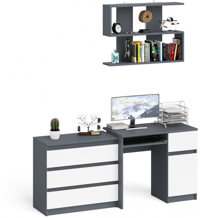 Мори Стол компьютерный МС-1 правый + Комод МК800.1 + Полка 900, цвет графит/белый, ШхГхВ 170,4х50х209,6 см., НЕ универсальная сборка