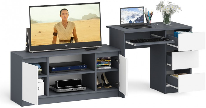 Мори Стол компьютерный МС-6 правый + Тумба МТВ1200.1, цвет графит/белый, ШхГхВ 210,4х50х76,6 см., выдвижные ящики справа, НЕ универсальная сборка