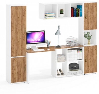 Лидер-8 Пенал МД 22Б + Стол + Полка + Пенал, белый шагрень/крафт золото