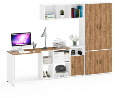 Лидер-8 Стол + Полка + Тумба МД 3.19 + Шкаф МД 20Б, белый шагрень/крафт золото