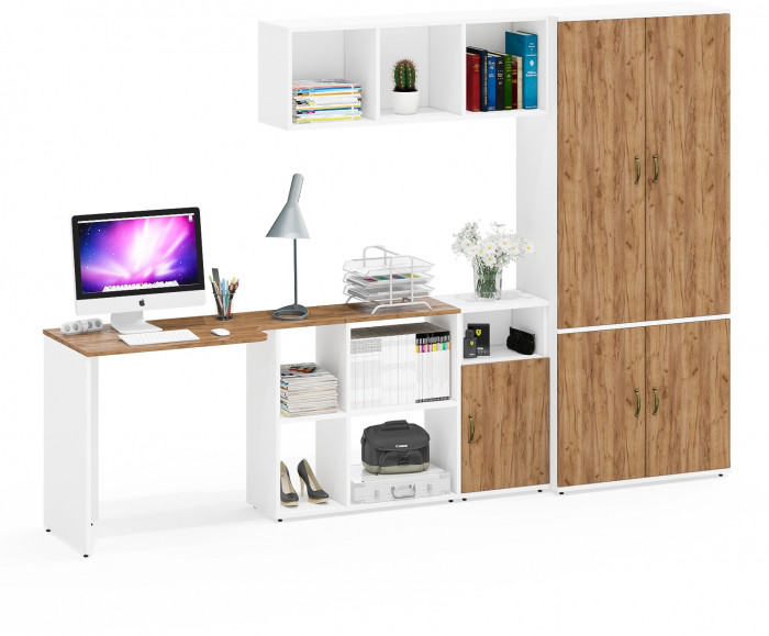 Лидер-8 Стол + Полка + Тумба МД 3.19 + Шкаф МД 20Б, белый шагрень/крафт золото