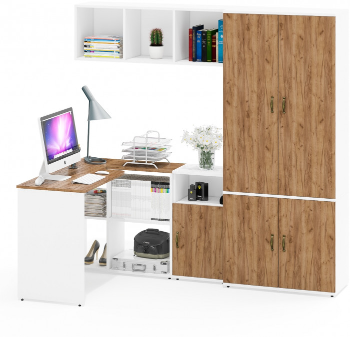 Лидер-8 Стол + Полка + Тумба МД 3.19 + Шкаф МД 20Б, белый шагрень/крафт золото