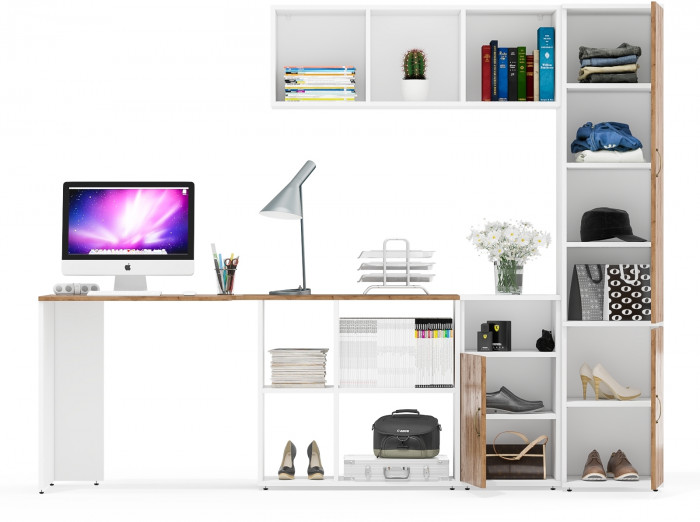 Лидер-8 Стол + Полка + Тумба МД 3.19 + Пенал МД 22Б, цвет белый шагрень/крафт золото, ШхГхВ 245х50/37,5х75/190 или 115х160/50х75/190 см., НЕ ун. сб.