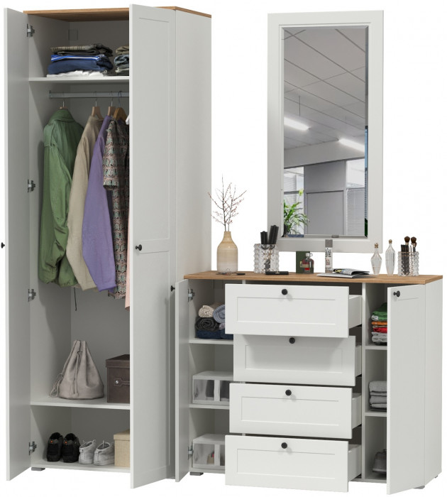 Остин Прихожая 14, цвет белый шагрень/дуб крафт золотой, ШхГхВ 200х54,3х229,6 см., универсальная сборка