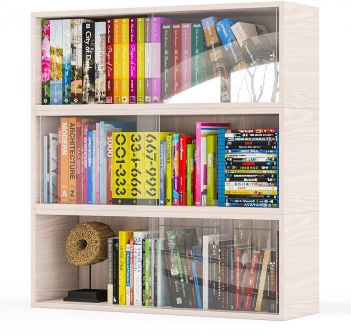 Три полки книжных С-МД-КН01, цвет ясень шимо светлый, размер каждой полки в отдельности: ШхГхВ 83х25х30 см., стеклянные дверцы