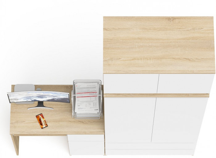 Мори Стол компьютерный МС-1 левый + Шкаф МШ900.1 + Антресоль МА900.1, цвет дуб сонома/белый, ШхГхВ 180,4х50,4х234,2 см., выдвиж. ящ. слева, НЕ ун. сб.