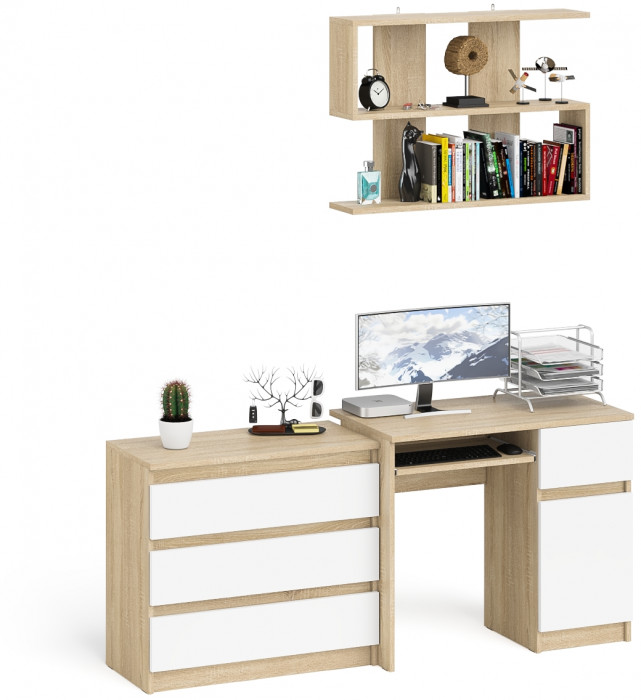 Мори Стол компьютерный МС-1 правый + Комод МК800.1 + Полка 900, цвет дуб сонома/белый, ШхГхВ 170,4х50х209,6 см., НЕ универсальная сборка