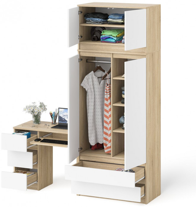 Мори Стол компьютерный МС-6 левый + Шкаф МШ900.1 + Антресоль МА900.1, цвет дуб сонома/белый, ШхГхВ 180,4х50,4х234,2 см., выдвиж. ящ. слева, НЕ ун. сб.