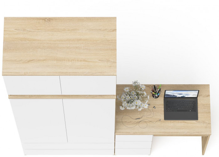 Мори Стол компьютерный МС-6 левый + Шкаф МШ900.1 + Антресоль МА900.1, цвет дуб сонома/белый, ШхГхВ 180,4х50,4х234,2 см., выдвиж. ящ. слева, НЕ ун. сб.