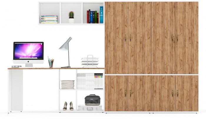 Лидер-8 Стол + Полка + Шкаф МД 19Б + Шкаф МД 19Б, белый шагрень/крафт золото