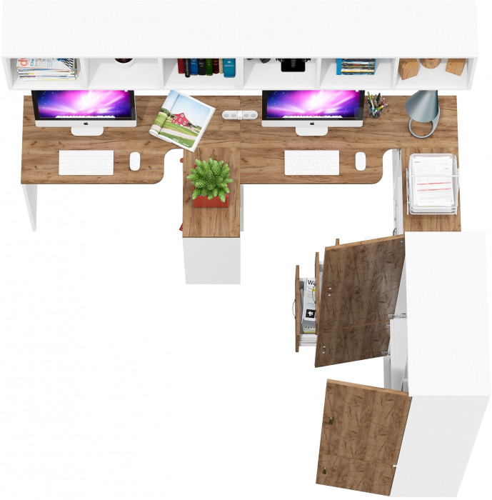 Лидер-8 Стол + Полка + Стол + Полка + Шкаф МД 20Б + Тумба МД 3.16, белый шагрень/крафт золото