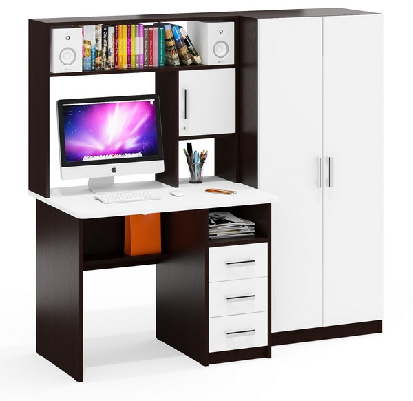Стол компьютерный С-МД-СК9+Шкаф С-МД-СК9Ш, цвет венге/белый шагрень, ШхГхВ 172х70х160 см., НЕ универсальная сборка