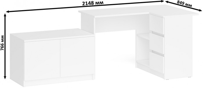 Мори Стол компьютерный МС-16 правый + Тумба МА900.1, цвет белый, ШхГхВ 214,8х84,9х76,6 см., выдвижные ящики справа, НЕ универсальная сборка