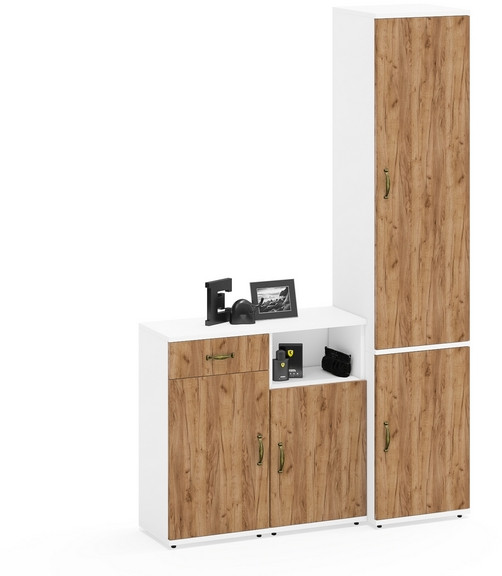 Лидер-8 Пенал МД 22Б + Тумба МД 3.15 + Тумба МД 3.19, белый шагрень/крафт золото