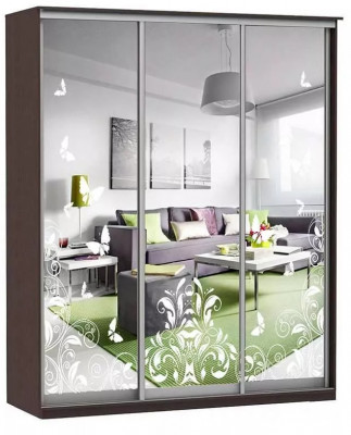 Шкаф купе Модерн 2076х600 3-х дверный 3-х секционный зеркальный с пескоструем №4 венге